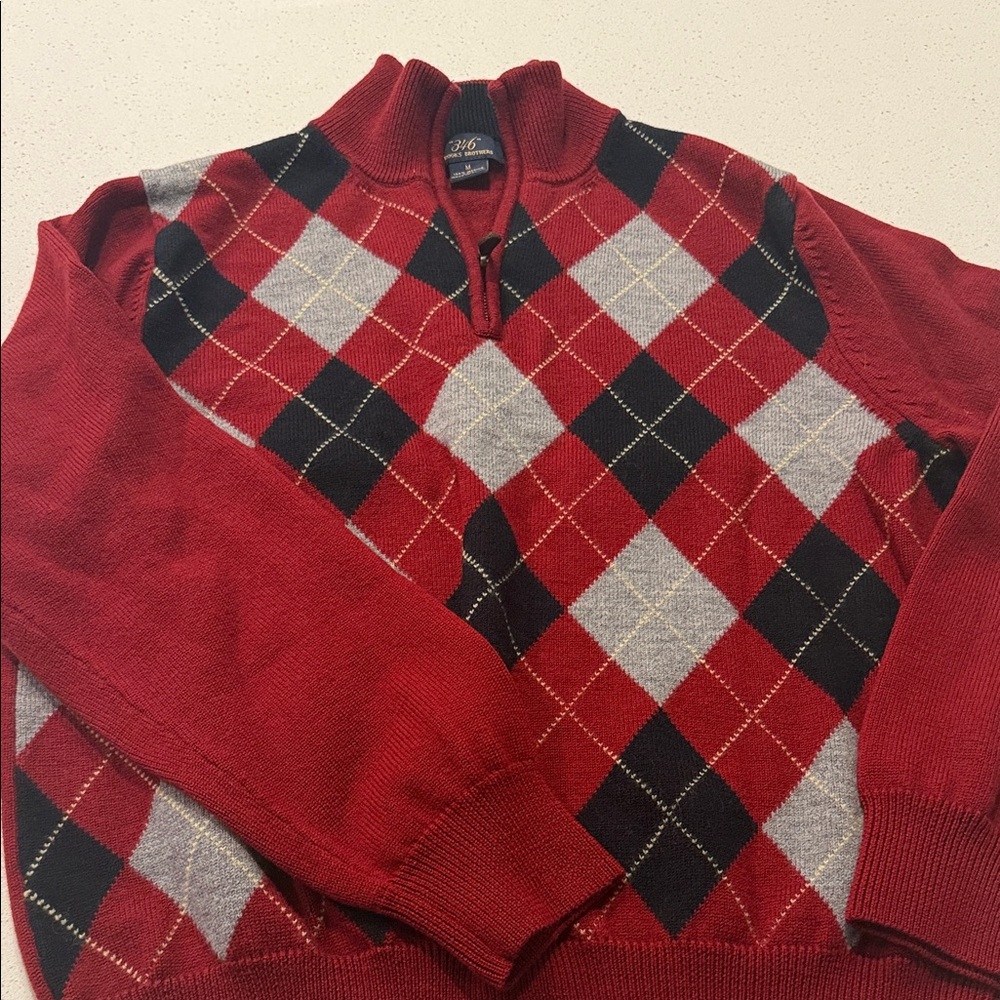 Brooks Brothers Red and Gray Argyle Zip-Up Sweater